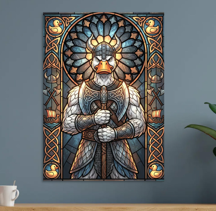 Viking Duck Warrior in Stained Glass — metal poster wall art by Lineer